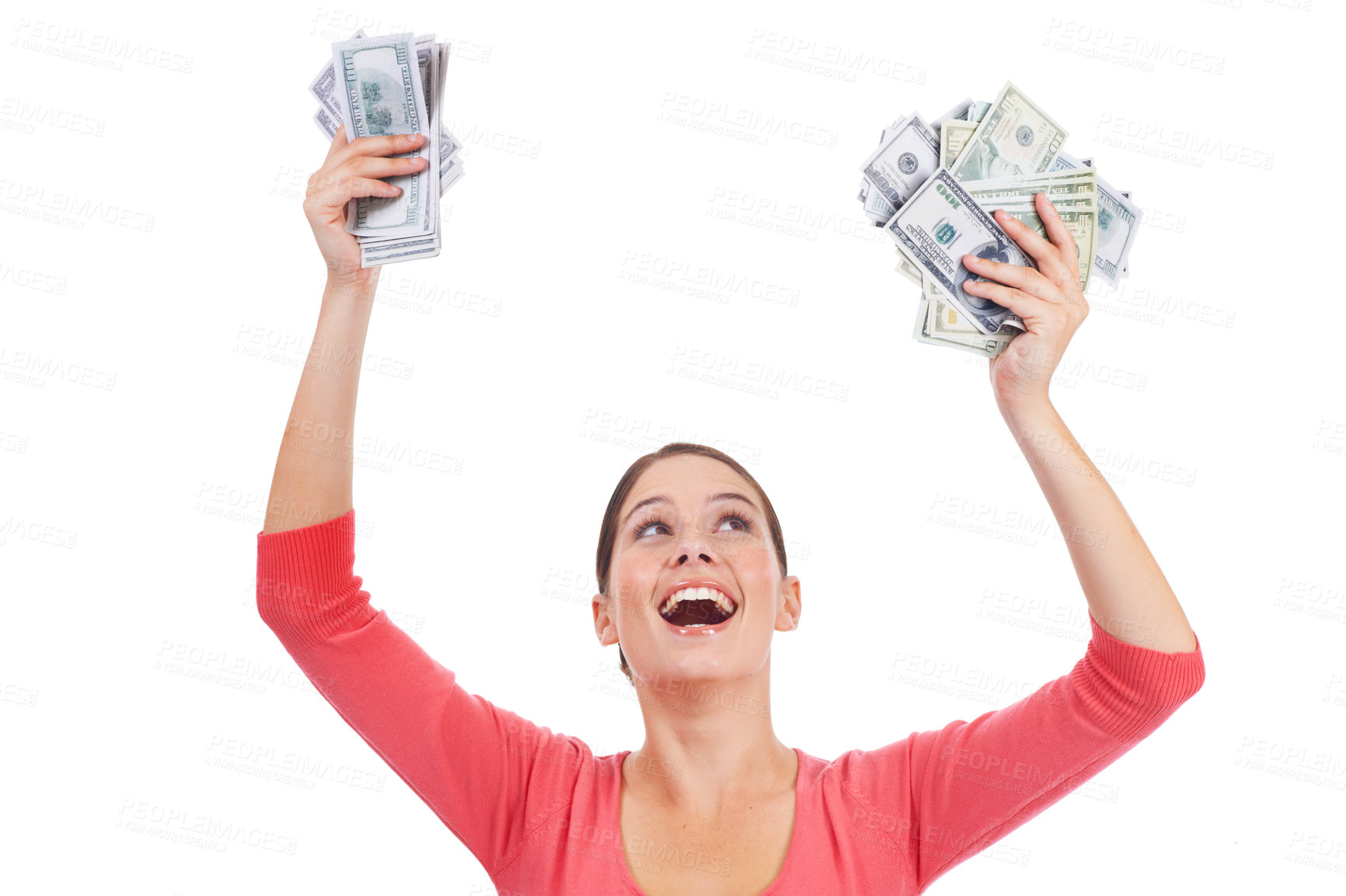 Buy stock photo Money celebration, wow and studio woman excited for lotto win, competition prize or cash dollar award. Finance, payment or casino gambling, bingo or female poker winner isolated on white background