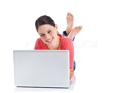 Buy stock photo Studio laptop, relax on floor or happy woman reading funny meme, internet comic or website search for comedy video. Online shopping mockup, ecommerce sales promo or model isolated on white background