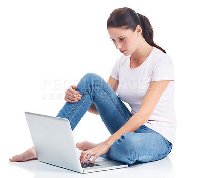 Buy stock photo Laptop, studio ground and woman typing internet, website or digital web search for e commerce research project. Online shopping, relax girl and model reading sales promo isolated on white background