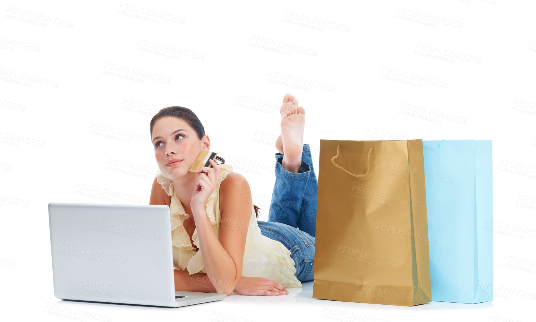 Buy stock photo Online shopping laptop, credit card and woman thinking on floor about fintech payment, sales or retail website. Ecommerce store, gift bag and customer person isolated on white studio background
