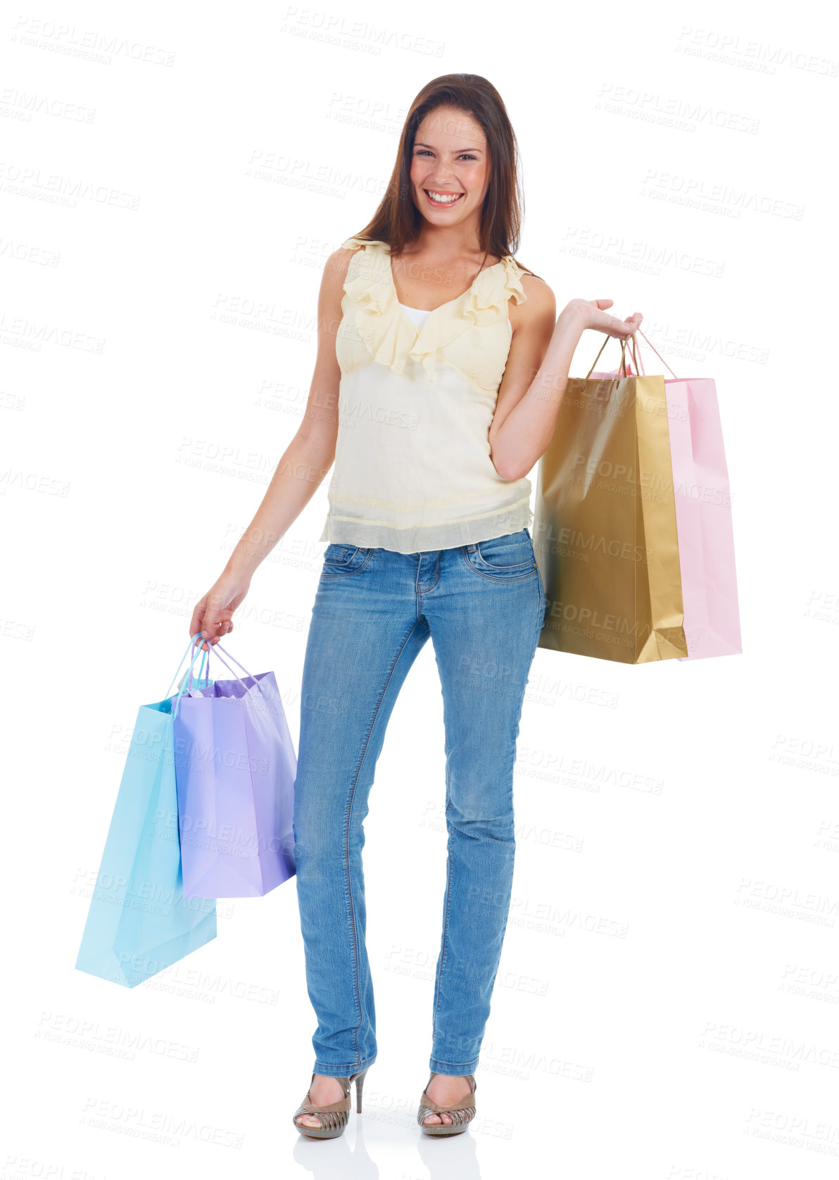 Buy stock photo Shopping bag, retail portrait and studio woman with sales product, discount fashion deal or mall store present. Commerce market, luxury designer gift and happy customer isolated on white background