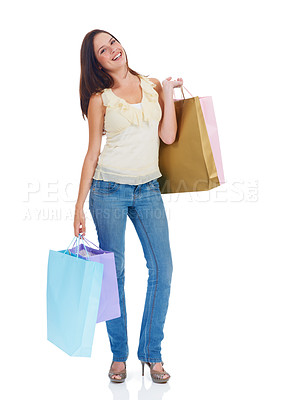 Buy stock photo Shopping bag, retail studio portrait and happy woman with sales product, discount fashion deal or mall store present. Commerce market, luxury designer gift and customer isolated on white background