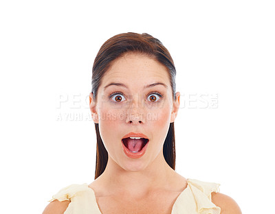 Buy stock photo Face portrait, surprise and woman shocked over winner notification, discount announcement or studio news. Wow, omg facial expression and female model, winner or person isolated on white background