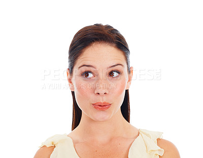 Buy stock photo Face, idea and thinking studio woman contemplating ideas, decision or choice for problem solving solution. Question contemplation, planning and female model, person or girl on white background