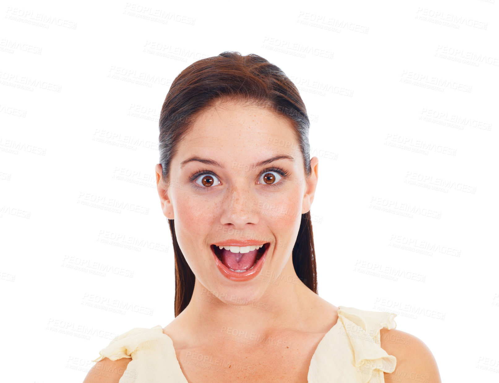 Buy stock photo Face portrait, surprise and woman excited for winner notification, discount sales announcement or promotion. Wow giveaway, happiness and studio model, winner or person isolated on white background