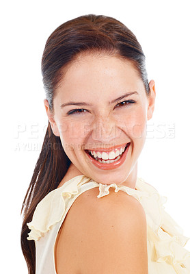 Buy stock photo Beauty, portrait and happy woman laughing at funny joke, studio comedy and smile for face makeup, cosmetics or skincare. Happiness, comic humor and female person laugh isolated on white background