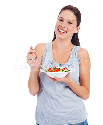 Buy stock photo Happy portrait, studio and woman with salad for weight loss diet, vegan healthcare or vegetables in wellness lifestyle. Food bowl, nutritionist and health model eating isolated on white background