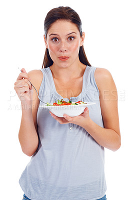 Buy stock photo Studio woman, portrait and delicious salad for weight loss diet, vegan healthcare or vegetables for wellness lifestyle. Food bowl, nutritionist and health model eating isolated on white background