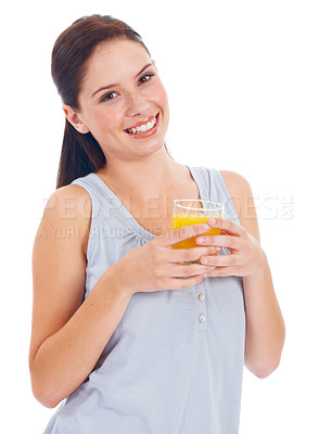 Buy stock photo Orange juice, portrait smile and studio woman with drink glass for hydration, liquid detox or natural weight loss. Healthcare wellness, nutritionist beverage and model isolated on white background