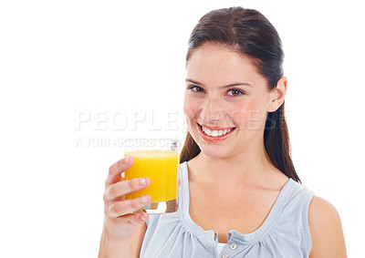 Buy stock photo Orange juice, studio health portrait and happy woman with drink glass for hydration, liquid detox or natural weight loss. Wellness, nutritionist beverage and model isolated on mockup white background