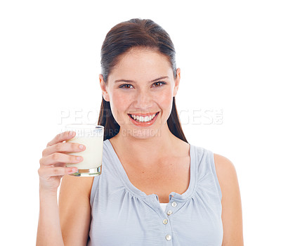 Buy stock photo Face portrait, happy woman and milk glass for vitamin D healthcare benefits, bone health or nutritionist hydration drink. Calcium dairy product, wellness and studio model isolated on white background