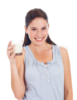 Buy stock photo Happy woman, portrait and glass of dairy milk for vitamin D healthcare benefits, bone health or nutritionist hydration drink. Calcium product, wellness and studio model isolated on white background