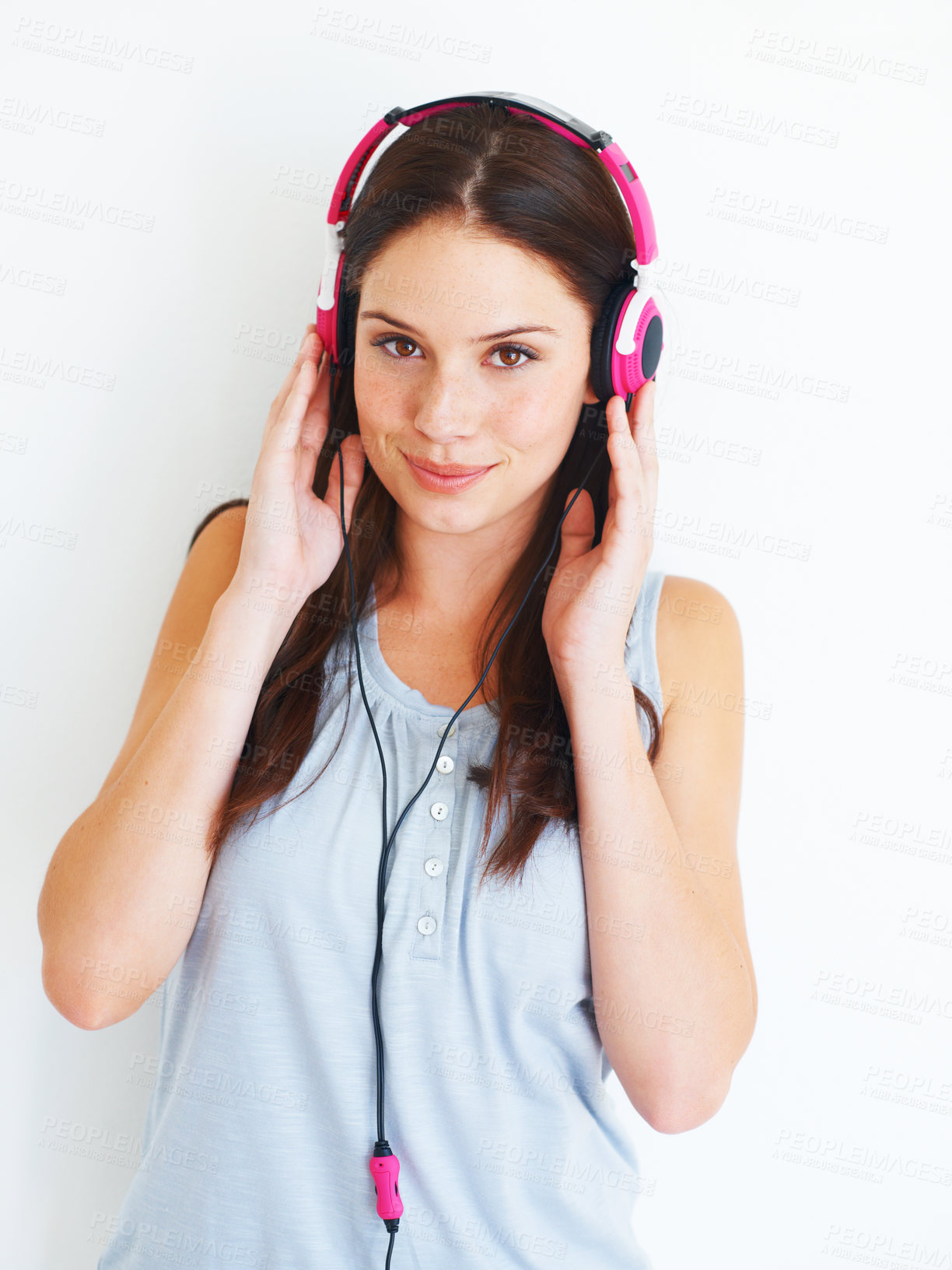 Buy stock photo Music headphones, portrait and woman listening to fun girl song, wellness audio podcast or radio sound. Studio smile, happy freedom and gen z model streaming edm playlist isolated on white background