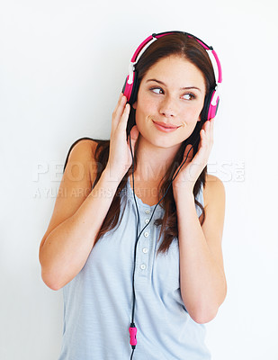 Buy stock photo Music headphones, studio and happy woman listening to fun girl song, wellness audio podcast or radio sound. Freedom smile, happiness or gen z model streaming edm playlist isolated on white background
