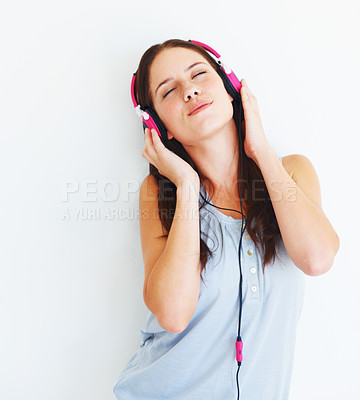 Buy stock photo Music headphones, relax or woman listening to girl song, wellness audio podcast or radio sound. Calm studio, freedom peace or gen z model streaming mental health playlist isolated on white background