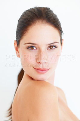 Buy stock photo A young confident woman looking at the camera isolated on white