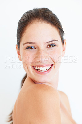Buy stock photo Portrait, beauty and woman in studio for skincare, grooming and natural cosmetics on white background. Face, skin and wellness girl model relax with luxury, treatment and pamper, isolated or mockup