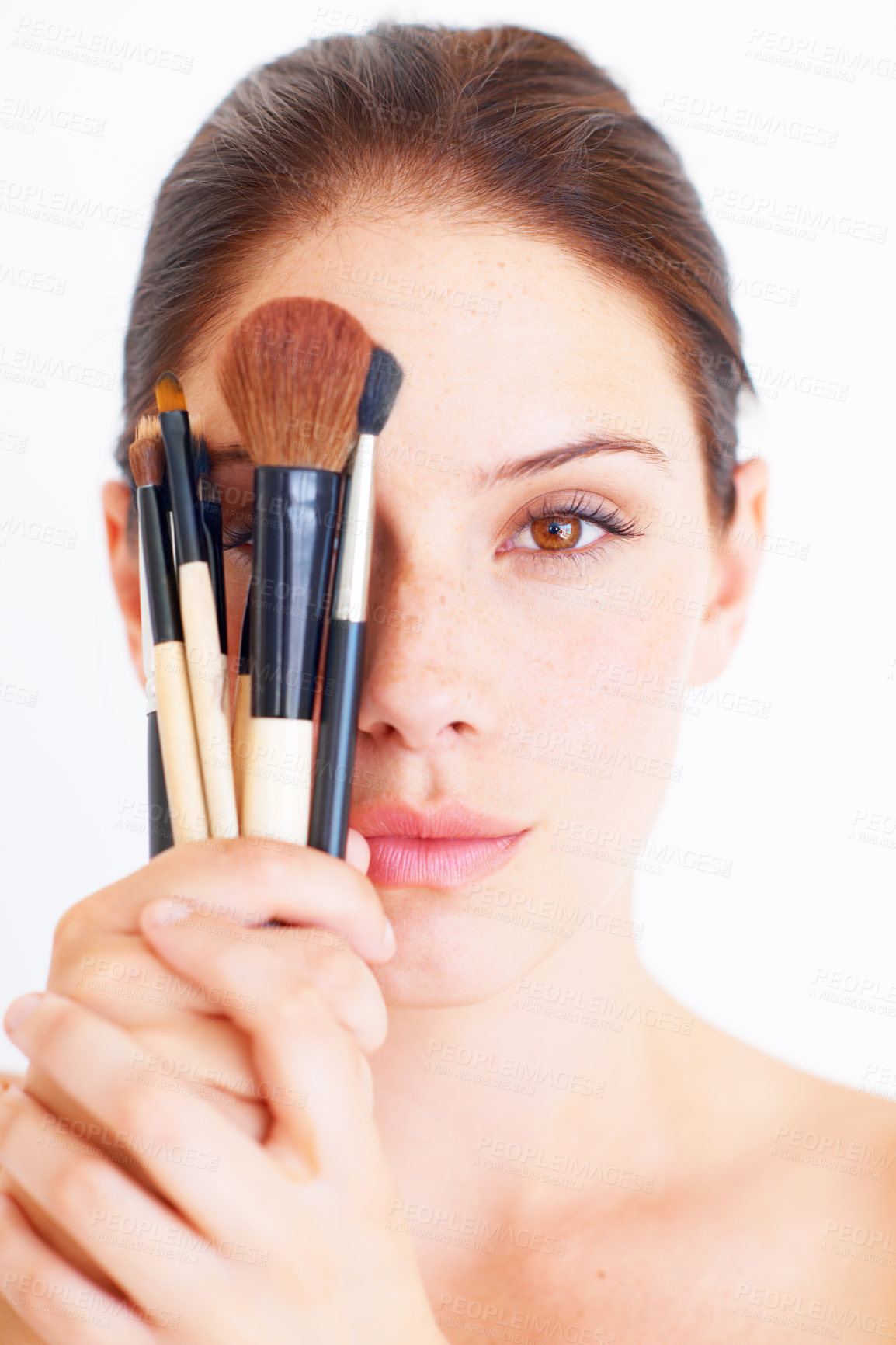 Buy stock photo Makeup brush, beauty portrait and studio woman with cosmetics product, natural skincare glow or luxury cosmetology, Healthcare girl, spa salon and aesthetic model face isolated on white background