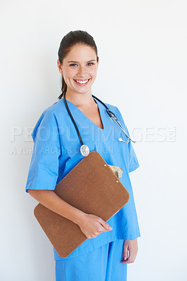 Buy stock photo Studio portrait, happy and nurse with clipboard checklist for nursing healthcare, medical hospital or cardiology health. Medicine doctor, caregiver woman or happy surgeon isolated on white background
