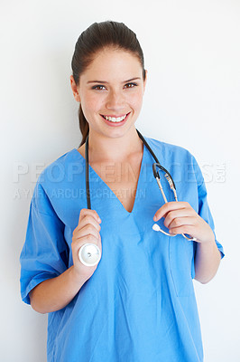 Buy stock photo Studio portrait, stethoscope and nurse happy for nursing career, medical healthcare or cardiology health. Medicine doctor, caregiver woman or hospital surgeon with smile isolated on white background