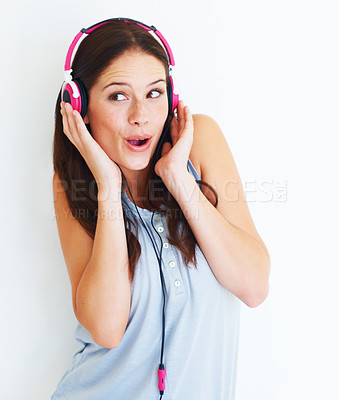 Buy stock photo Music headphones, fun and woman listening to pop girl song, wellness audio podcast or radio sound. Upbeat mp3 track, studio freedom and gen z model streaming edm playlist isolated on white background