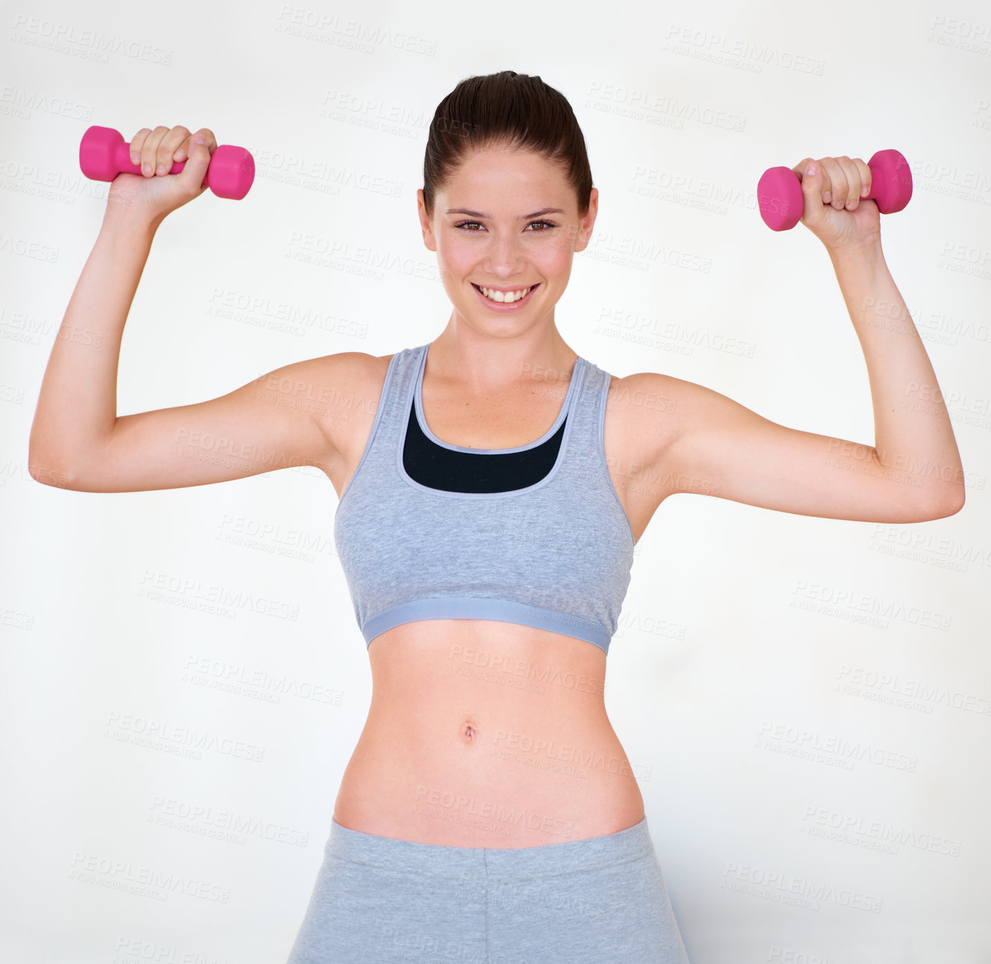 Buy stock photo Woman, flexing or portrait with dumbbells in studio, wellness or fitness for weight loss with exercise. Young person, strong pose and face with hand weights for muscle training  and white background