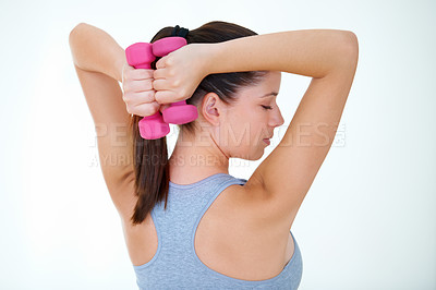 Buy stock photo Weights, white background and back of woman for fitness, cardio workout and exercise to lose weight. Sports, dumbbells and person weightlifting for training for wellness, healthy body and strength 
