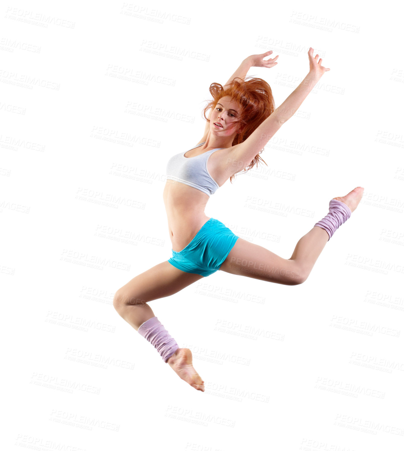 Buy stock photo Woman, dancer and jump or portrait for sports creative, 
expression exercise, white background as mockup space. Female person, aerobics and workout gymnastics or fit leap practice, moving or training