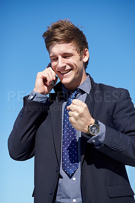 Buy stock photo Business, phone call and man with fist for celebration outdoors with good news, success and promotion. Smartphone, conversation and male boss with winning hand gesture for startup, loan or approval