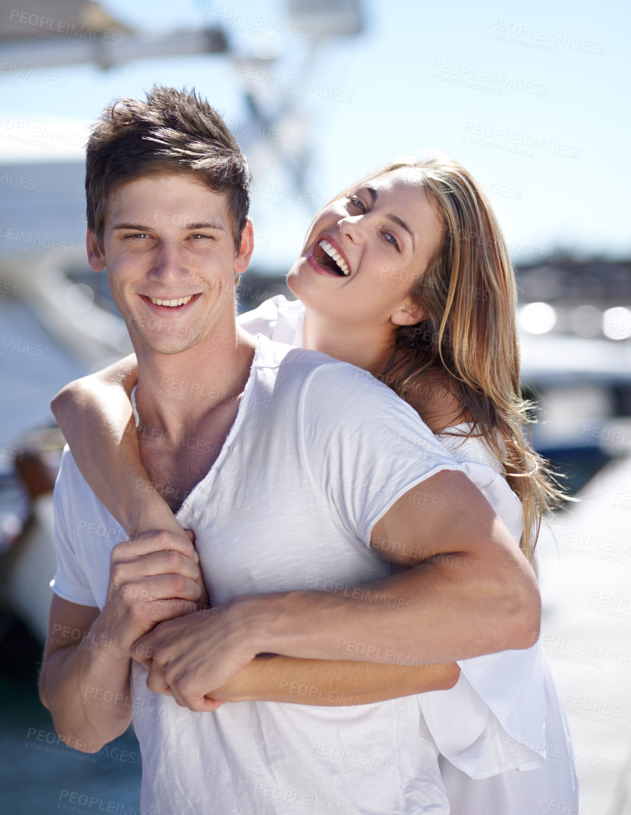 Buy stock photo Happiness, love and portrait of couple on a date together feeling happy on a romantic vacation or holiday in summer. Portrait, travel and woman hug man in a relationship and smile outdoor with care