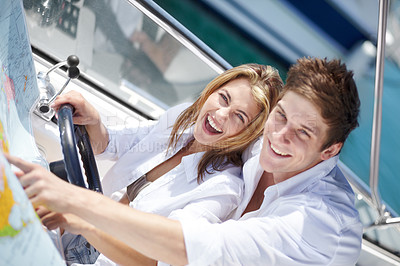Buy stock photo Yacht, happy and couple sailing on a boat together on luxury holiday or vacation with happiness on a date. Portrait, wealth and young rich man in a relationship with woman travel and bonding for love