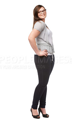 Buy stock photo Fashion, portrait and plus size woman with smile, glasses and isolated on white background. Self love, body positivity and happy model girl with pride, wellness and confidence in studio for style