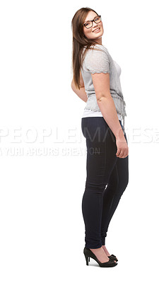 Buy stock photo Fashion, portrait and plus size woman with confidence, smile and glasses isolated on white background space. Vision, body positivity and proud model with style, wellness or happiness in studio mockup