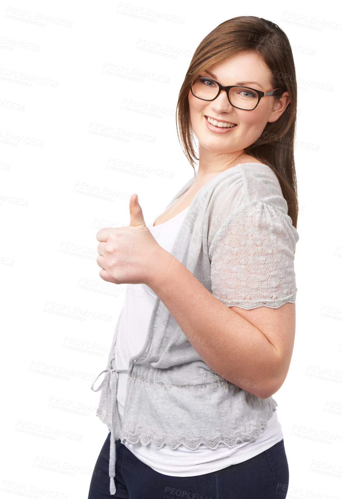 Buy stock photo Portrait, thumbs up and support with a plus size woman in studio isolated on a white background. Winner, thank you and motivation with a confident young body positive model in agreement of a deal