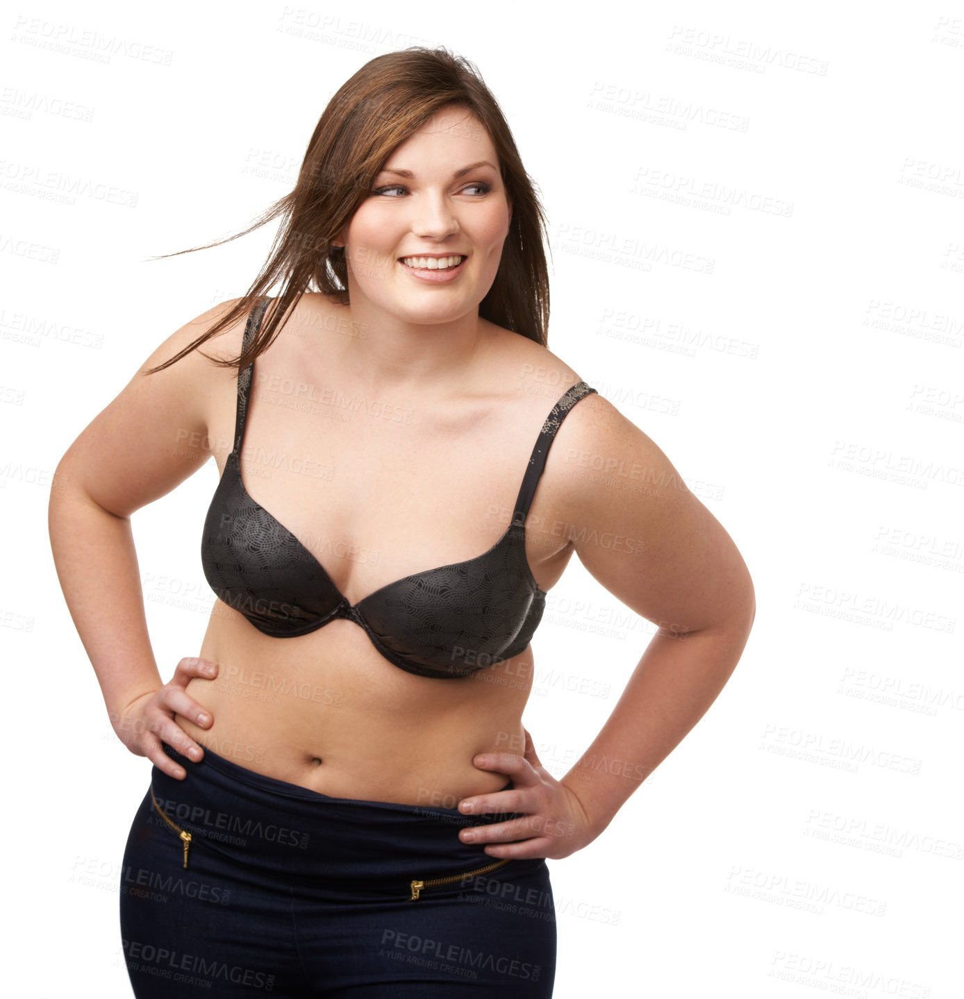 Buy stock photo Thinking, smile and bra with a plus size woman in studio isolated on a white background for body positivity. Idea, vision and a happy young model looking natural or confident in her underwear
