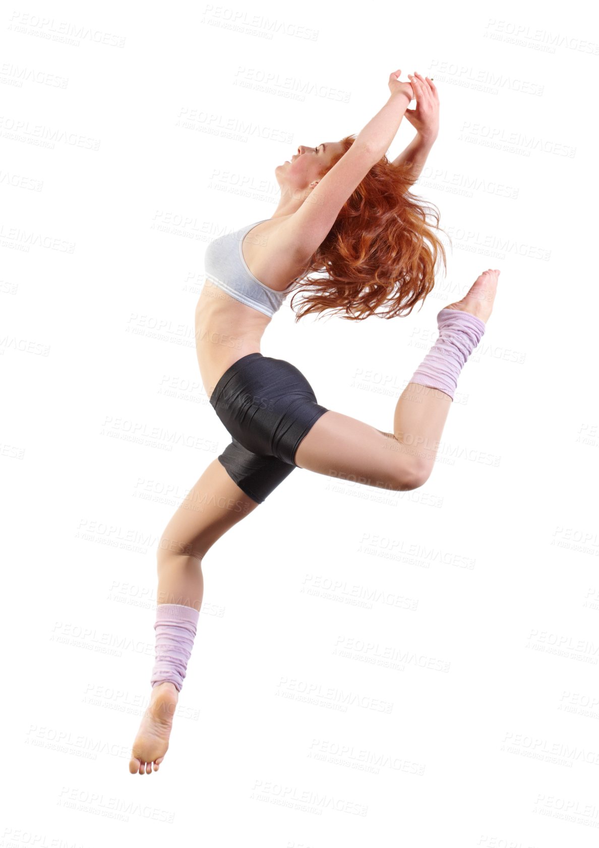 Buy stock photo Woman, dancer and jump in studio for creative expression exercise, white background or mockup space. Female person, aerobics and workout gymnastics or fit leap as energy practice, moving training