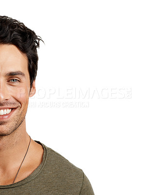 Buy stock photo Smile, half face and portrait of man in a studio with positive, good and confident attitude. Happy, mockup space and handsome young male person from Australia with style isolated by white background.
