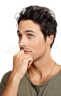 Buy stock photo Thinking, planning and young man in a studio for choice, decision or options facial expression. Ideas, question and male person with brainstorming or dreaming face isolated by white background.