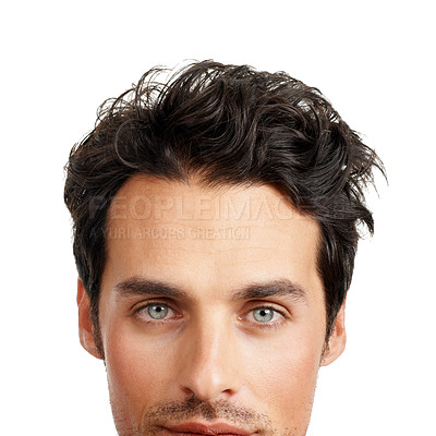 Buy stock photo Serious, half face and portrait of man in a studio with health, wellness and natural facial routine. Self care, skincare and young male person from Australia with face treatment by white background.