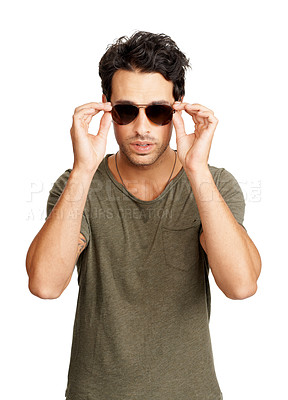 Buy stock photo Handsome man, portrait and sunglasses in fashion, cool style mindset or attitude against a white studio background. Face of attractive young male person or model posing in stylish casual clothing
