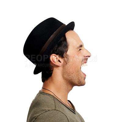 Buy stock photo Profile, anger and screaming with man, frustrated and expression isolated on white studio background. Person, stress and model with depression, mockup space and shouting with emotions, crisis and hat