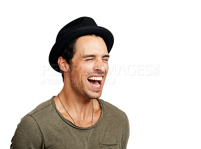 Buy stock photo A handsome young man laughing hysterically