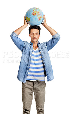 Buy stock photo Serious, globe and portrait of man in a studio for world, planet or geography map for planning. Earth, young and male person from Canada with global sphere on his head isolated by white background.