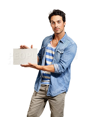 Buy stock photo Man, poster mockup and portrait or information news in studio for promotion, presentation or white background. Male person, face and placard signage for advertising, recommendation or announcement