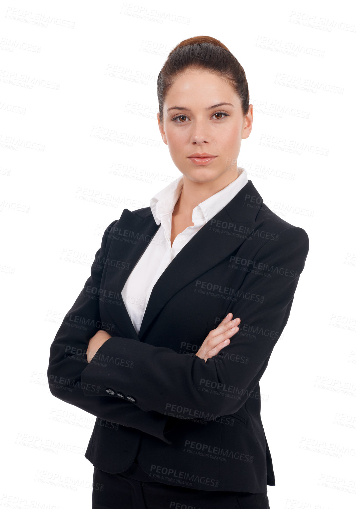 Buy stock photo Studio portrait of a confident-looking young business woman with her arms folded isolated on white