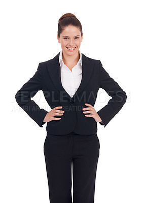 Buy stock photo Portrait, smile and business woman in studio confident, young and empowered on white background. Happy, face and female manager person posing with positivity, proud and professional while isolated