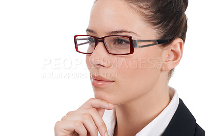Buy stock photo Thinking face, corporate and serious woman focus on question, choice or studio decision plan, ideas or strategy. Brainstorming, planning consultant and female agent isolated on white background