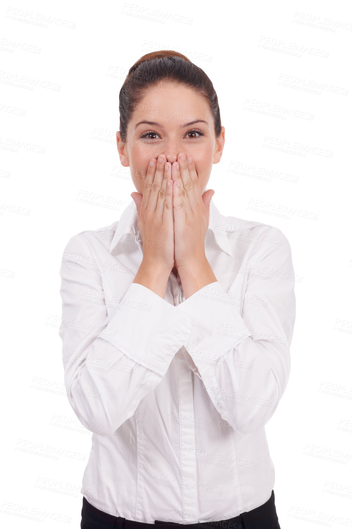 Buy stock photo Business woman, surprise and cover mouth in studio for gossip, news of sale and announcement or information. Portrait of young person wow, excited or oops for story or secret on a white background
