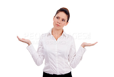 Buy stock photo Thinking, shrug and business woman confused over question, doubt or corporate problem. Don't know gesture, raised hands and studio agent, consultant or professional person on white background