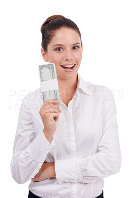 Buy stock photo Portrait, surprise money and studio woman with cash prize, finance award or wow salary, income or revenue dollars. Financial freedom achievement, OMG winner and business person on white background